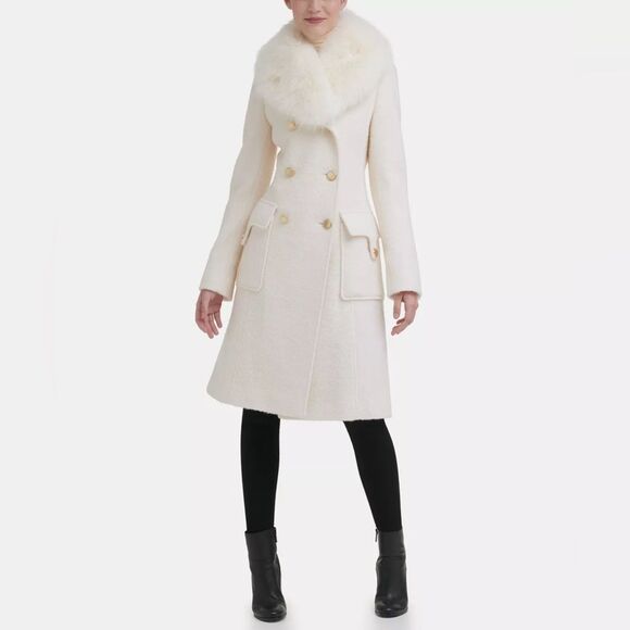 NWT! Classic! Sz XL GUESS Ivory Faux-Fur Collar Double-Breasted Walker Coat - Picture 1 of 4